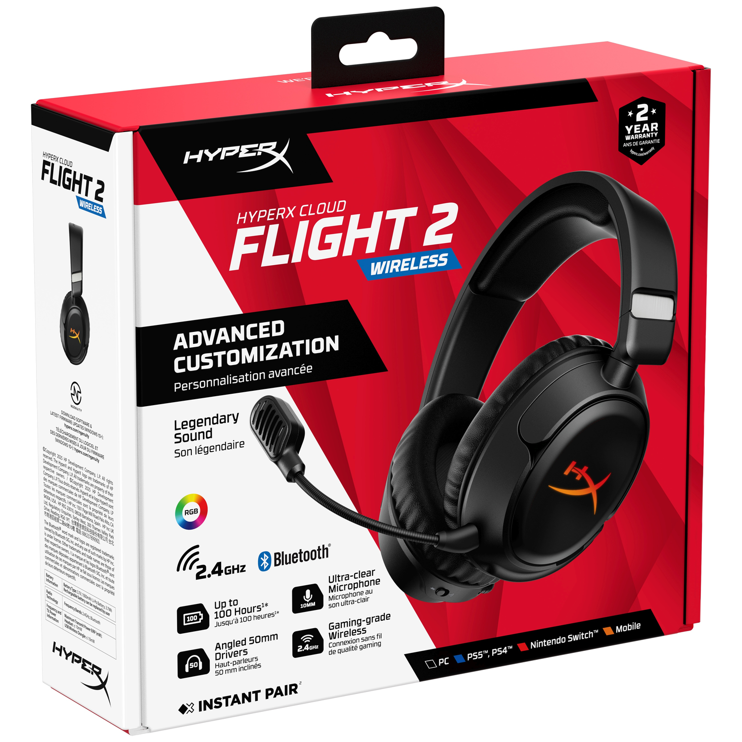 HyperX Cloud Flight 2 Wireless gaming headset packaging with headset details.