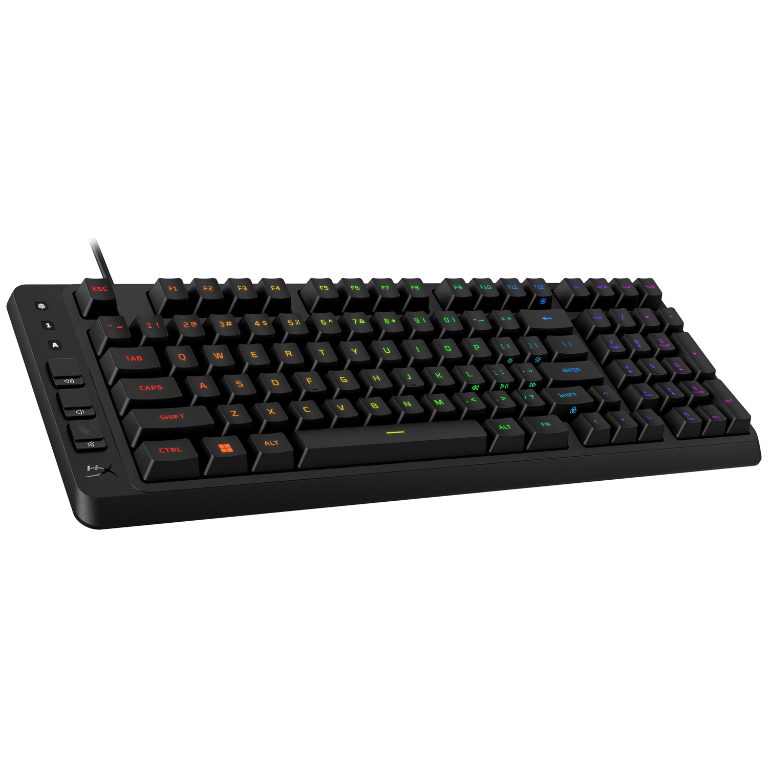 Black keyboard with colorful backlit keys, shown on a white background.