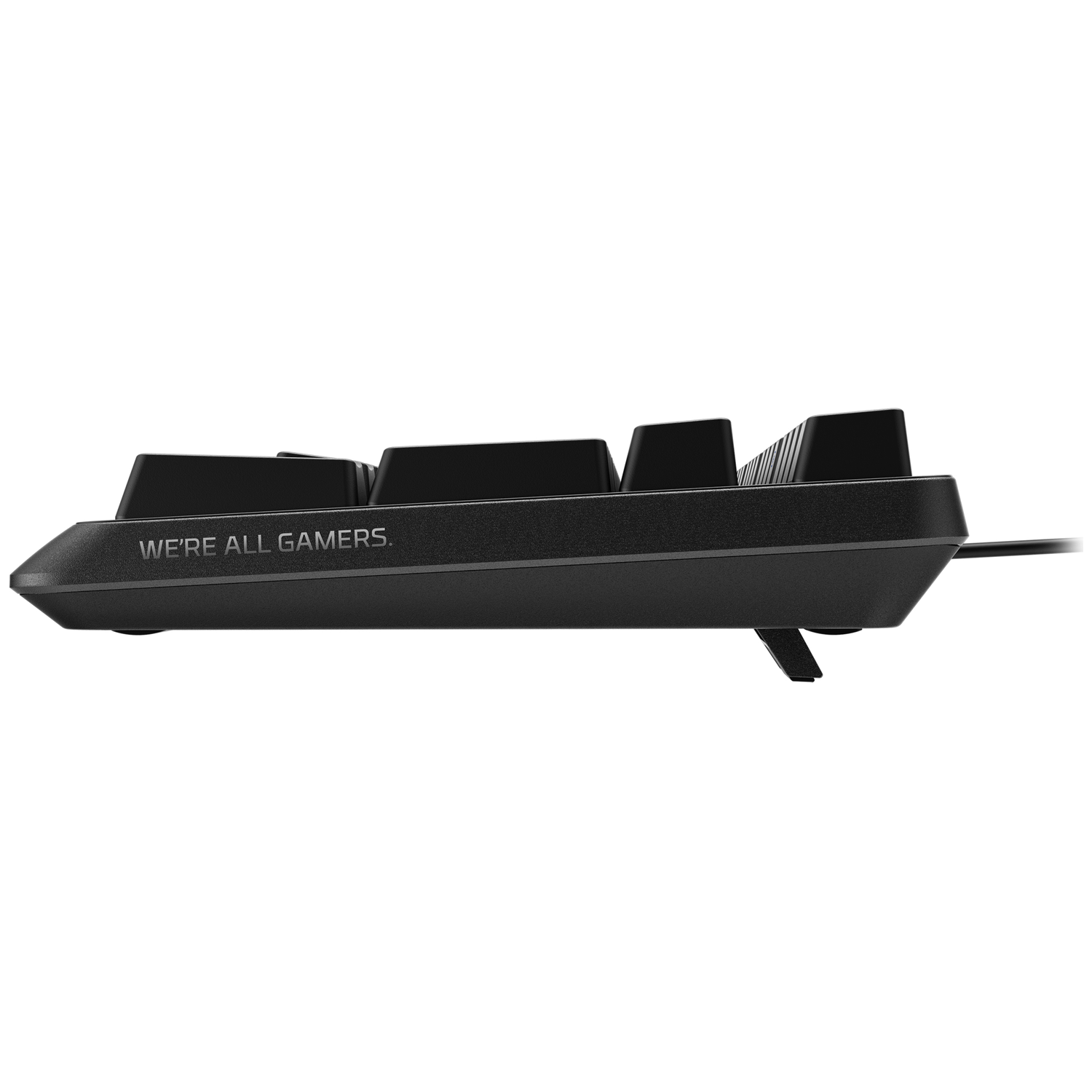 Black keyboard with 'WE'RE ALL GAMERS.' text printed on it.