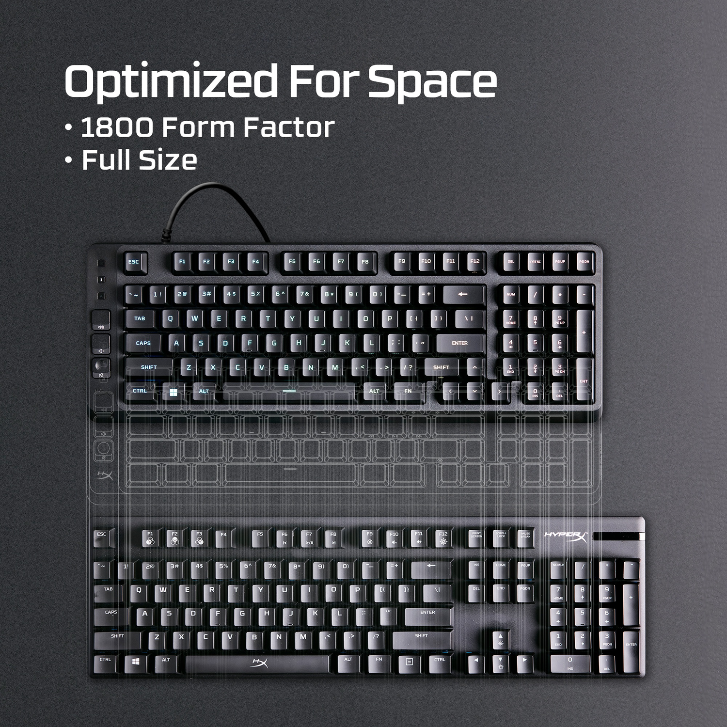 Two black keyboards side by side on a dark background.