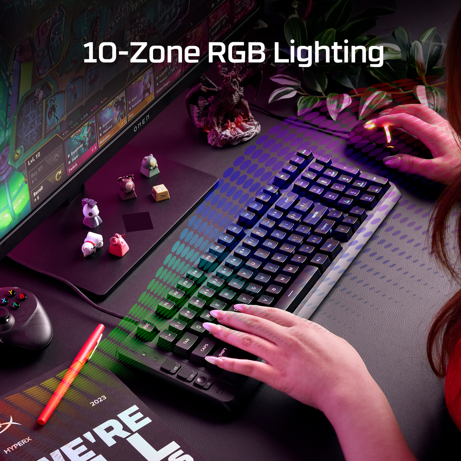 A person plays a computer game with RGB keyboard and mouse lighting.
