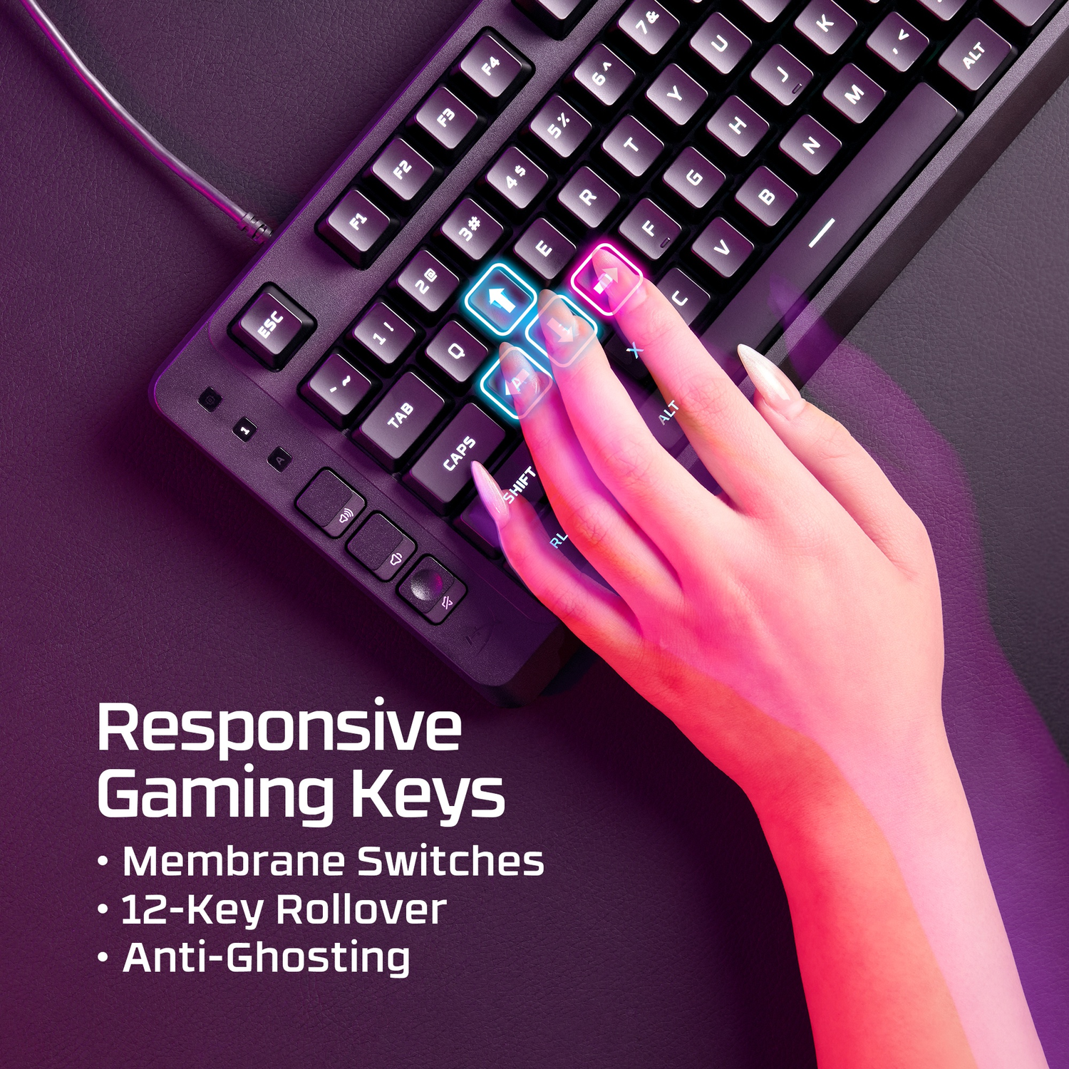 Hands pressing glowing keys on a black gaming keyboard with text 'Responsive Gaming Keys'.