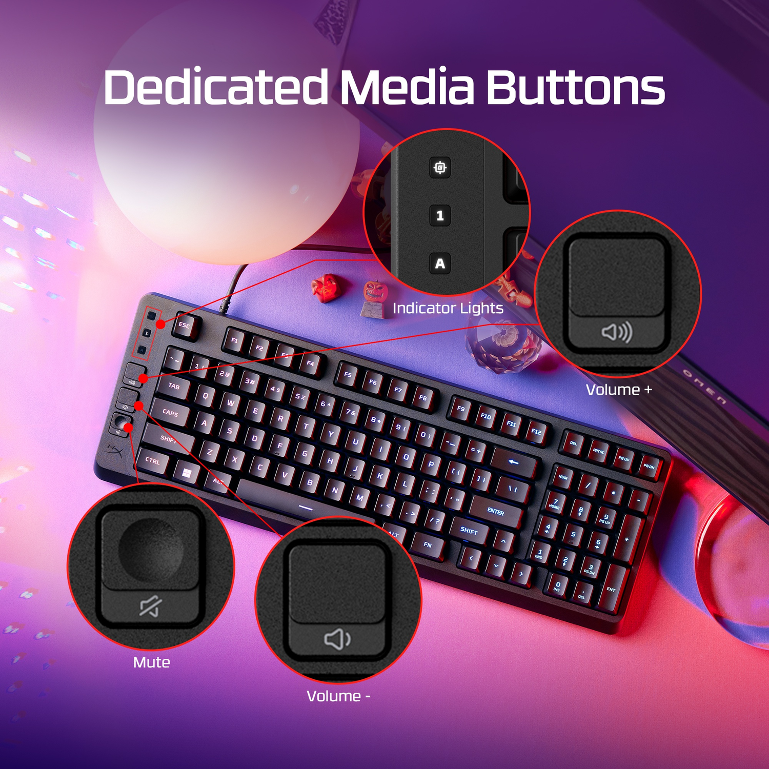 A keyboard featuring dedicated media buttons for volume and mute functions.