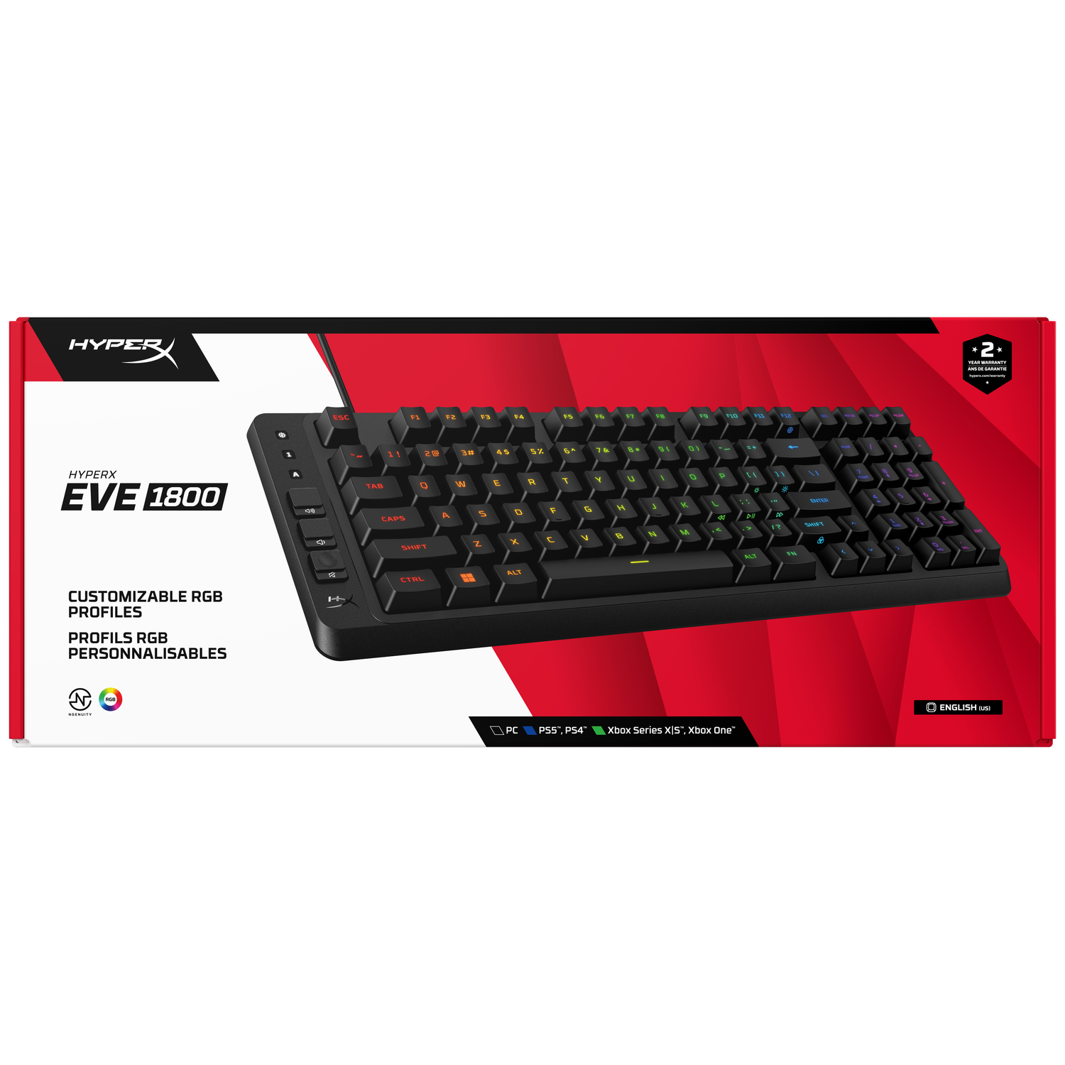 HyperX EVE 1800 keyboard with RGB lighting on a black background.
