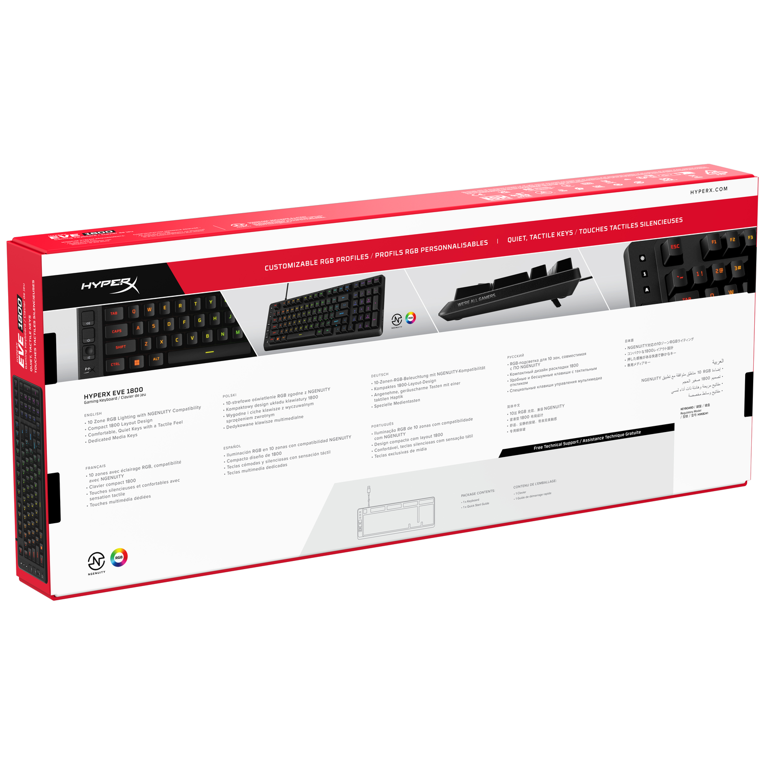 HyperX EVE 1800 Gaming Keyboard with RGB lighting and NGENUITY compatibility.