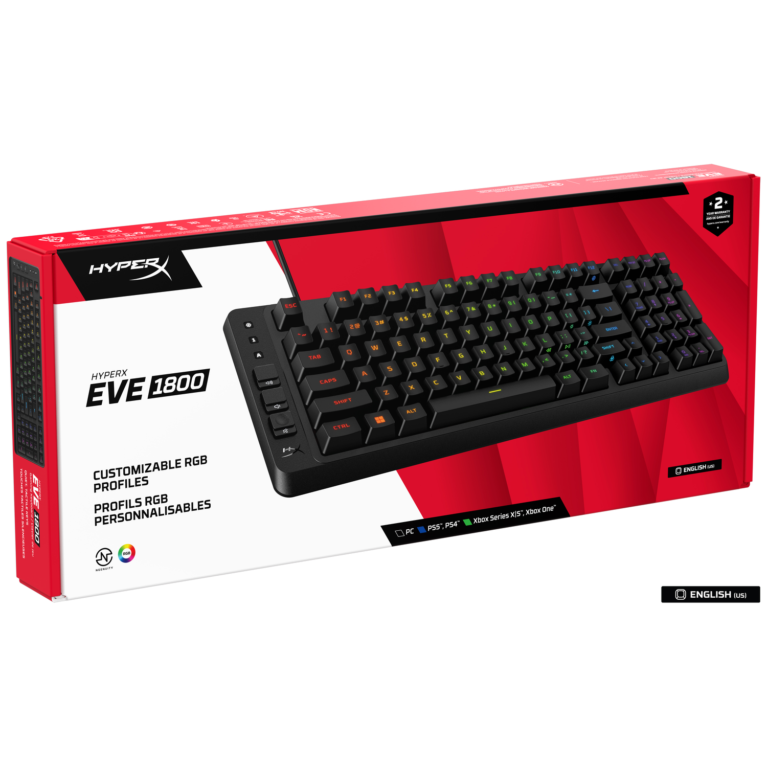 HyperX EVE 1800 Gaming Keyboard in red box with black keyboard.
