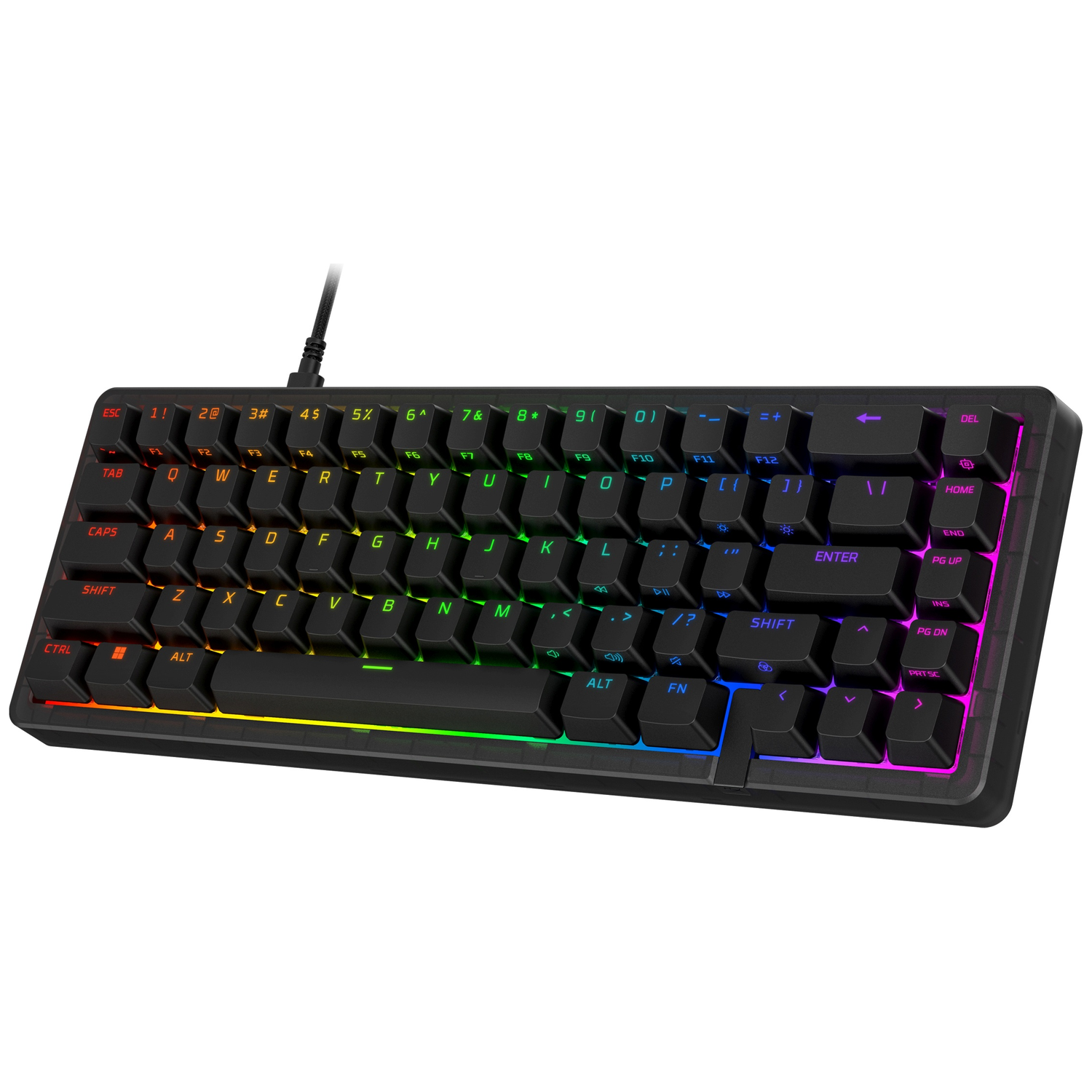 Black mechanical keyboard with RGB lighting and labeled keys.