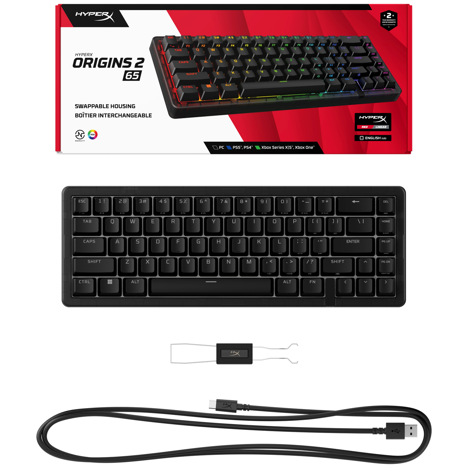 A black HyperX Origins 65 gaming keyboard with RGB lighting and accessories.