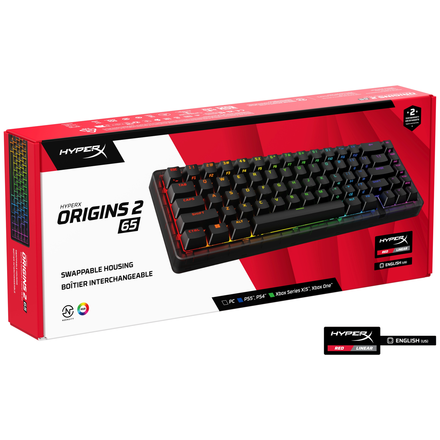 HyperX Origins 65 gaming keyboard on red packaging with RGB lighting.