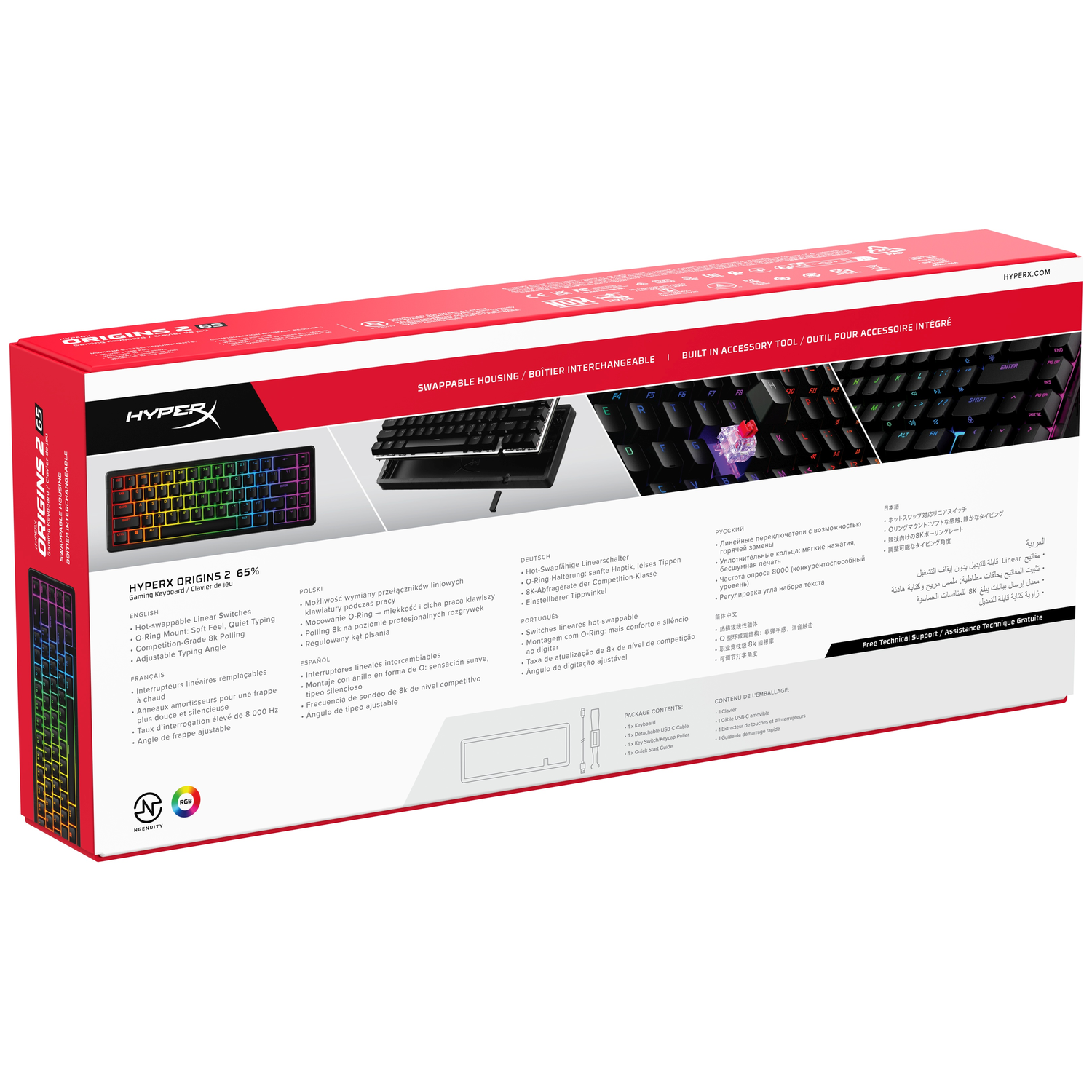 HyperX Origins 65% Gaming Keyboard with rainbow RGB. Close-up shows switches.
