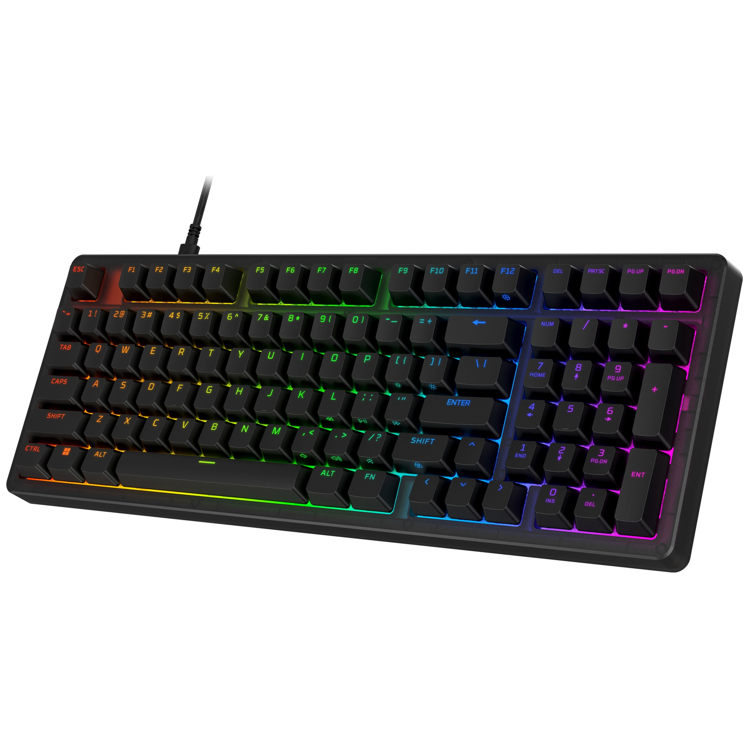 A black keyboard with RGB lighting, glowing in rainbow colors from left to right.