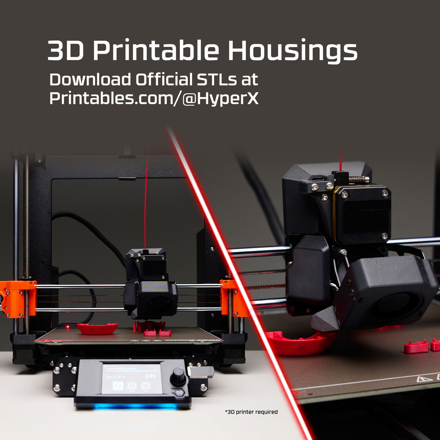 3D printers printing red parts on a black plate. Text: 3D Printable Housings.