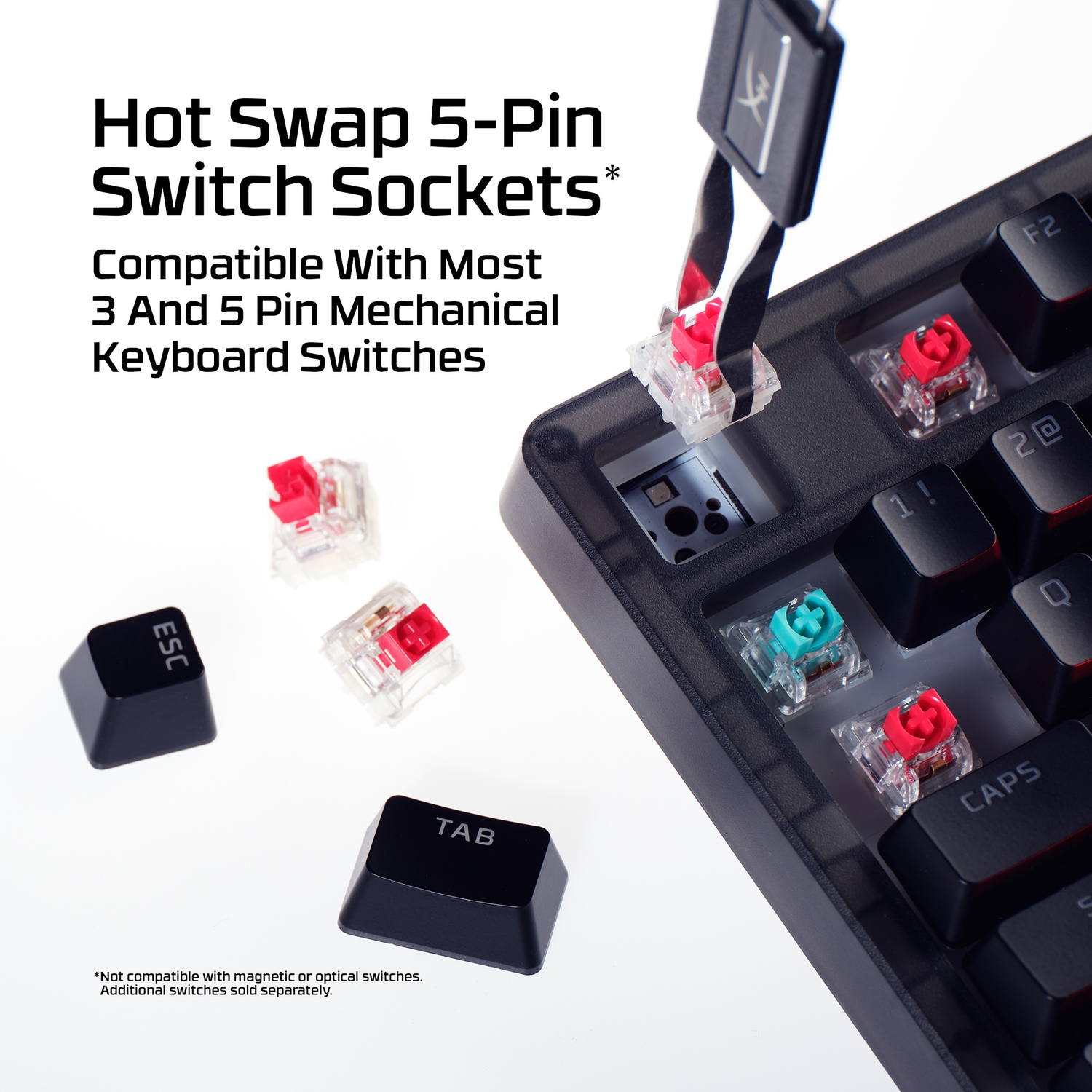 Mechanical keyboard switches being inserted into a keyboard with tweezers.