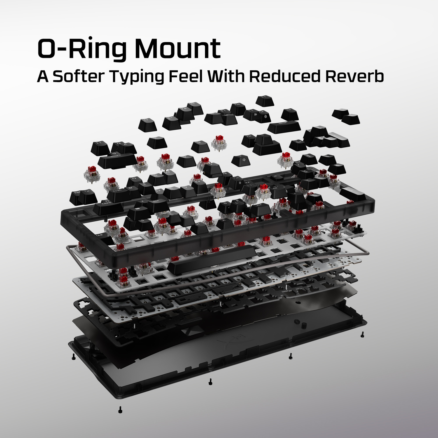 Exploded view of a keyboard with black keycaps and red switches.