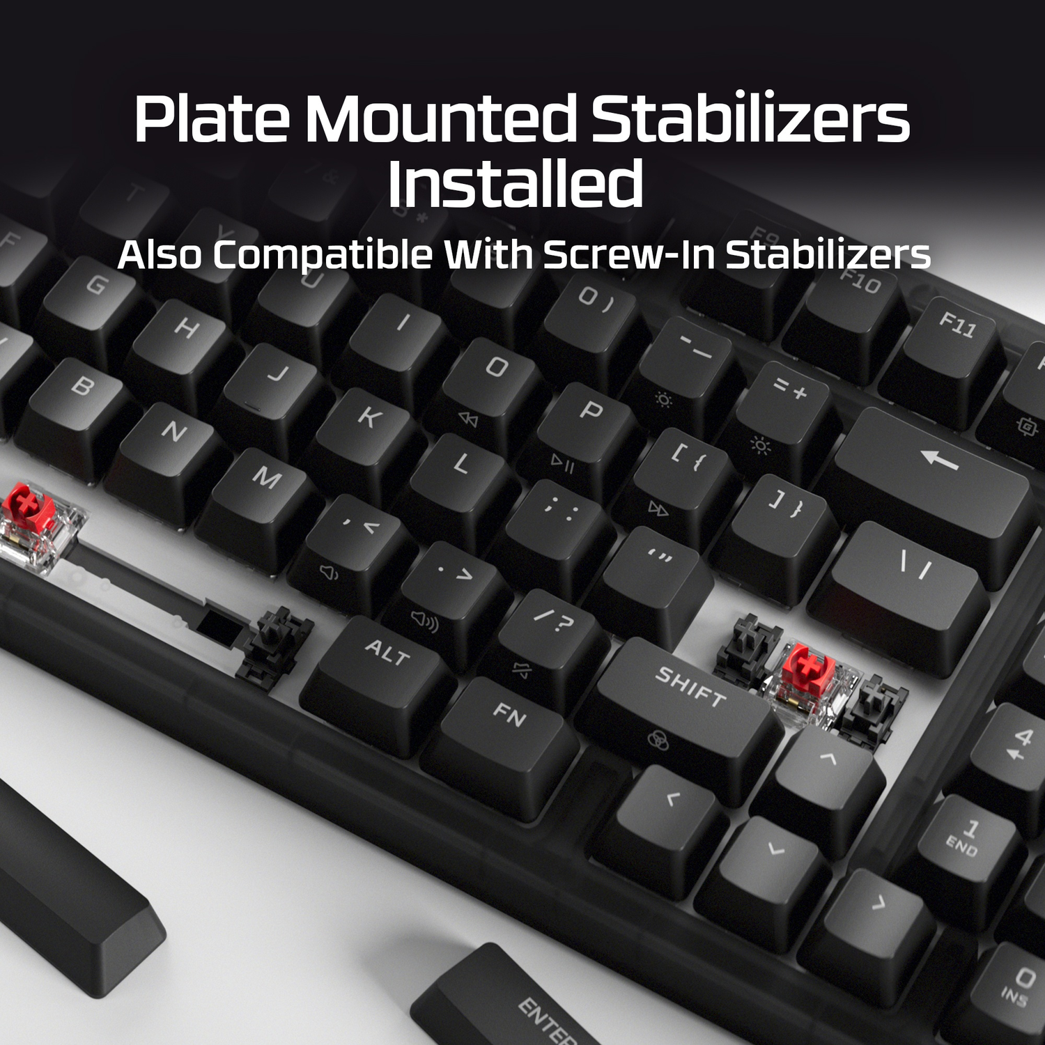 Keyboard with plate-mounted stabilizers and exposed switches. Text reads: Plate Mounted Stabilizers Installed.