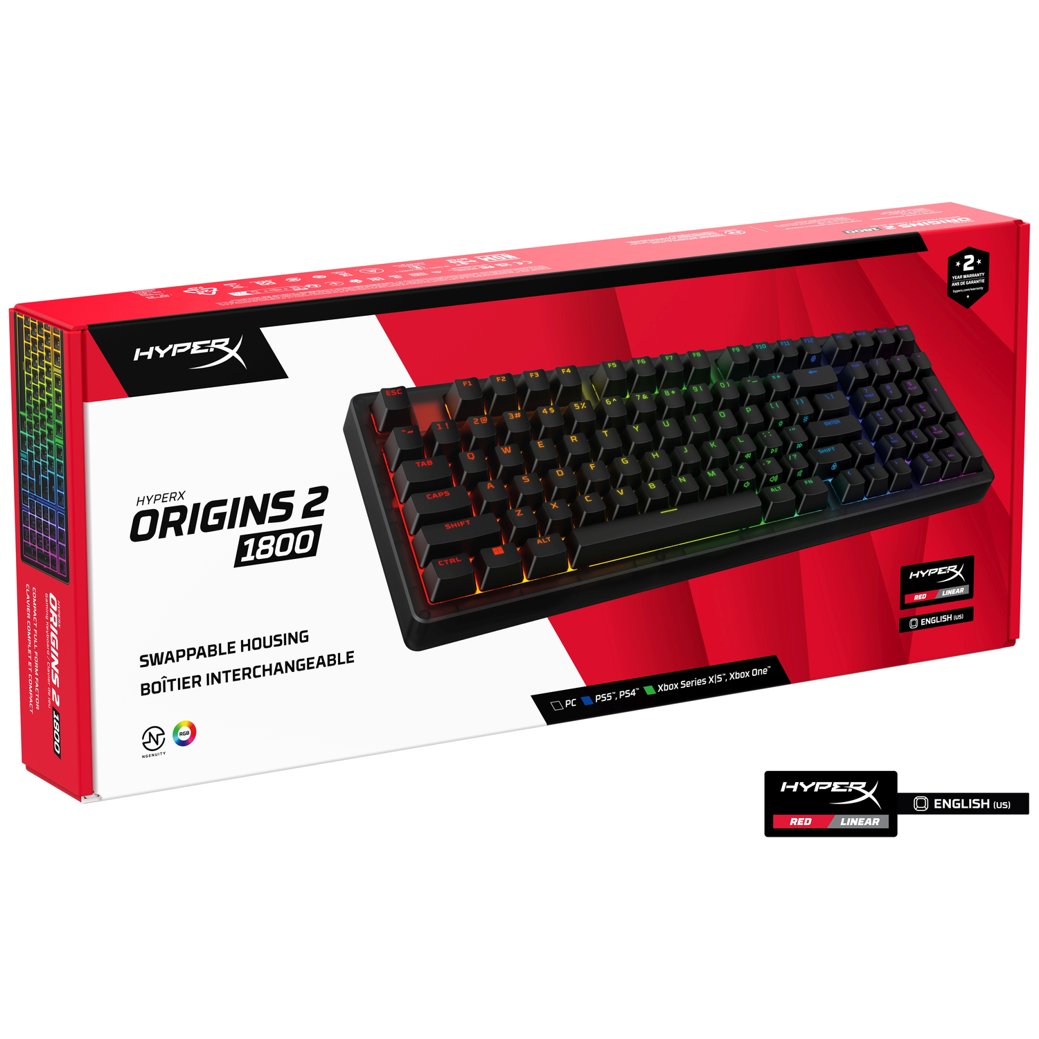 HyperX Origins 2 1800 Gaming keyboard box with keyboard and RGB lighting.