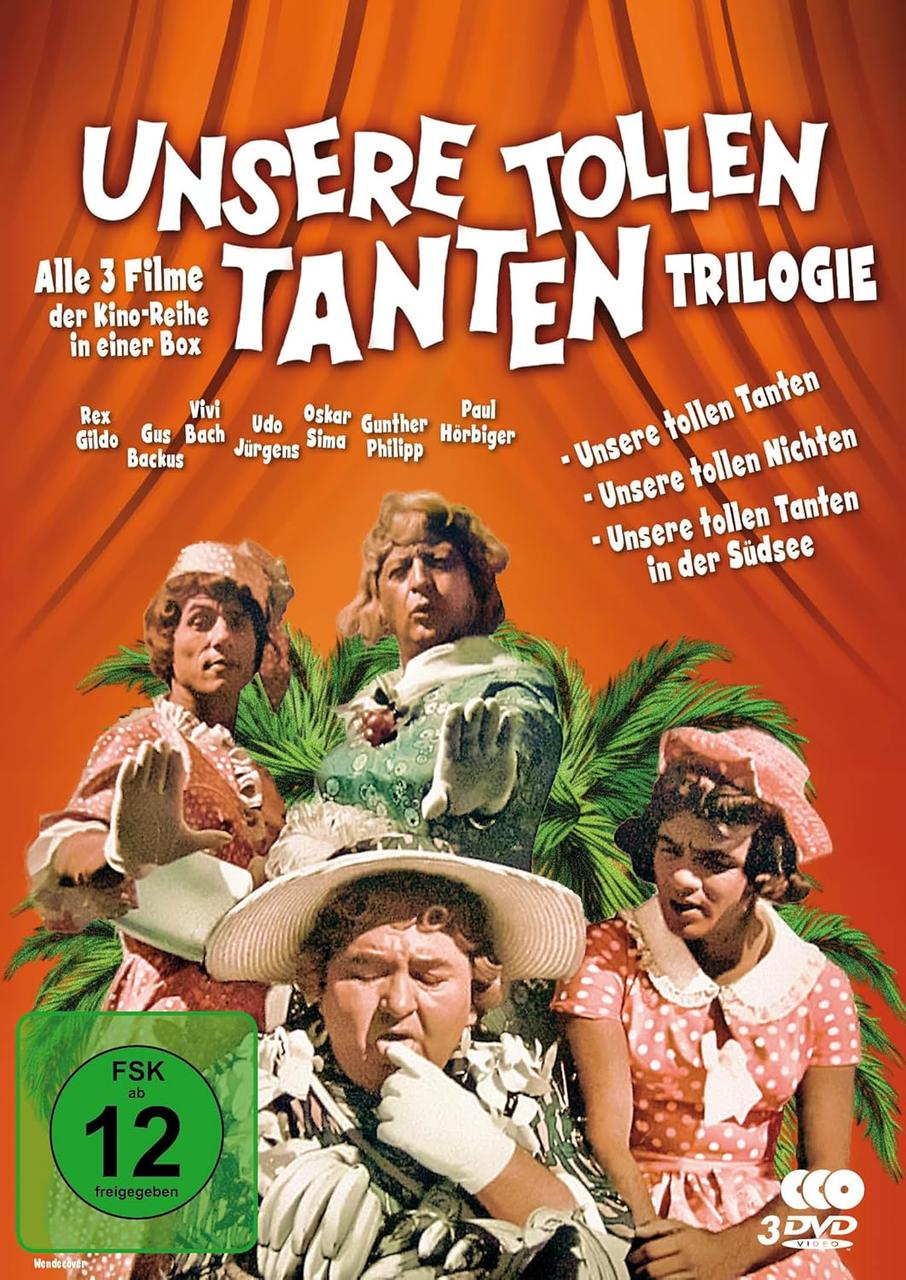 Filmplakat: Vier Personen in bunten Kleidern mit Palmenblättern im Hintergrund.