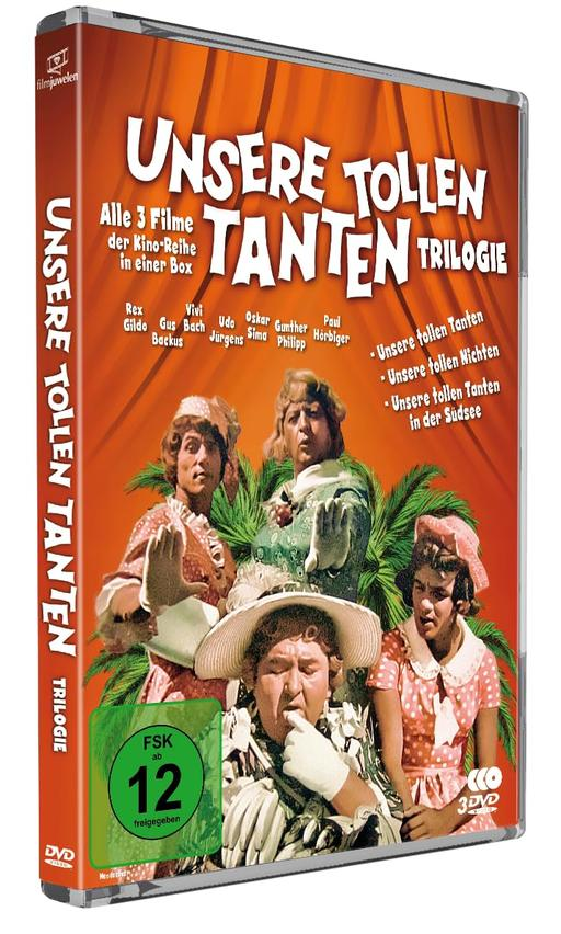 DVD-Cover der Filmtrilogie "Unsere tollen Tanten" mit vier Darstellern.