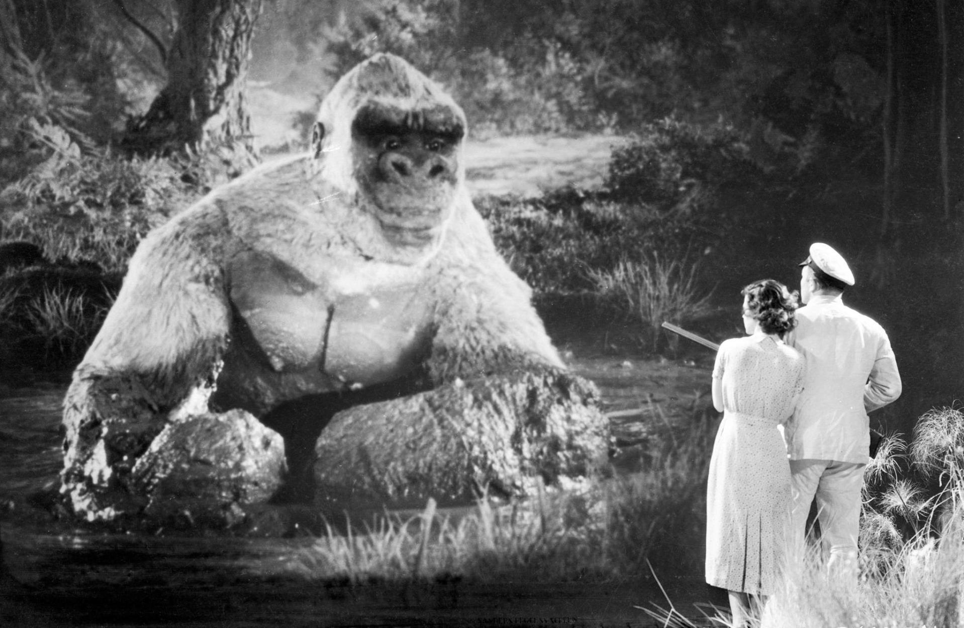 Ein Gorilla sitzt im Wasser, zwei Menschen stehen daneben.