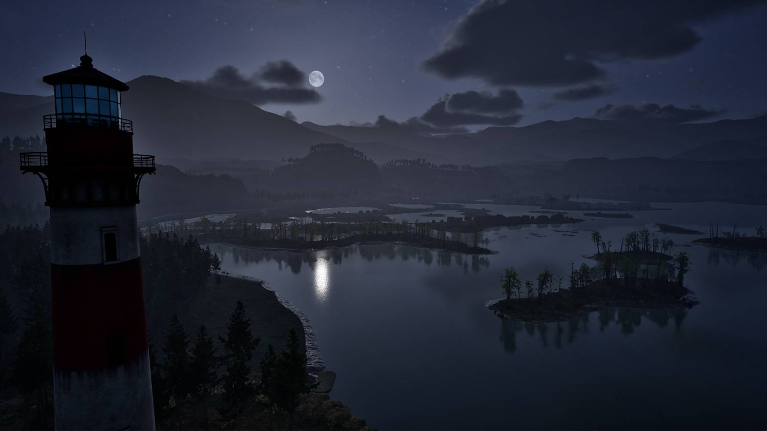 Faro de noche junto a un lago, luna llena, montañas al fondo.
