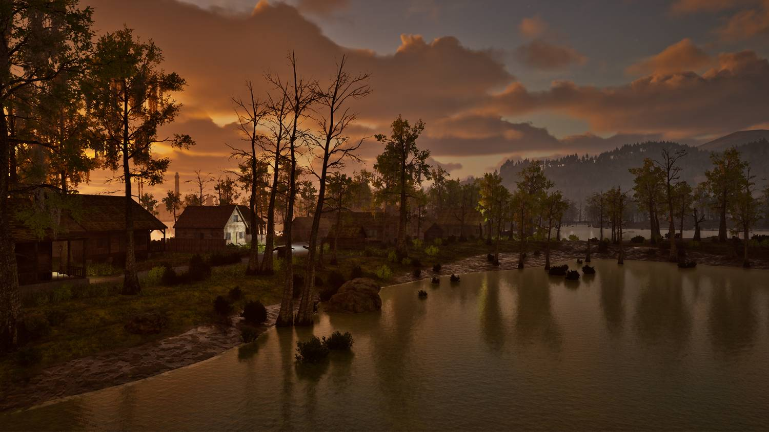 Un pueblo pantanoso al atardecer con casas y árboles desnudos junto a un lago tranquilo.