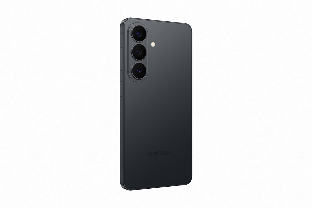 Sötétszürke Samsung okostelefon hátulról, három kamerával és logóval.