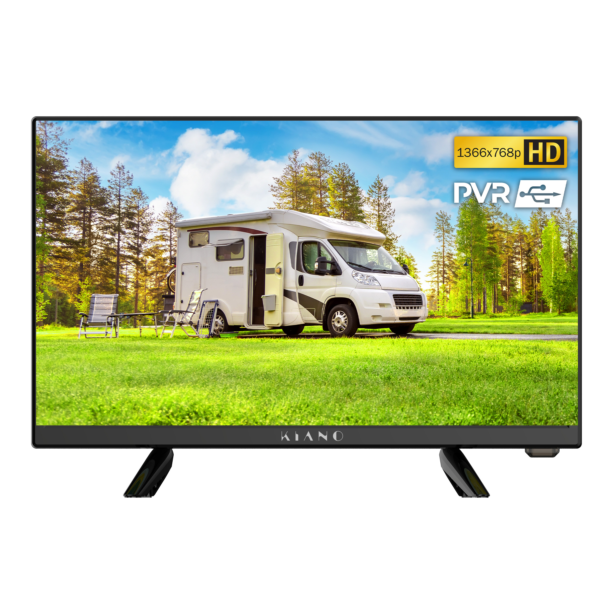 Kamper stoi na słonecznym trawniku z drzewami w tle.