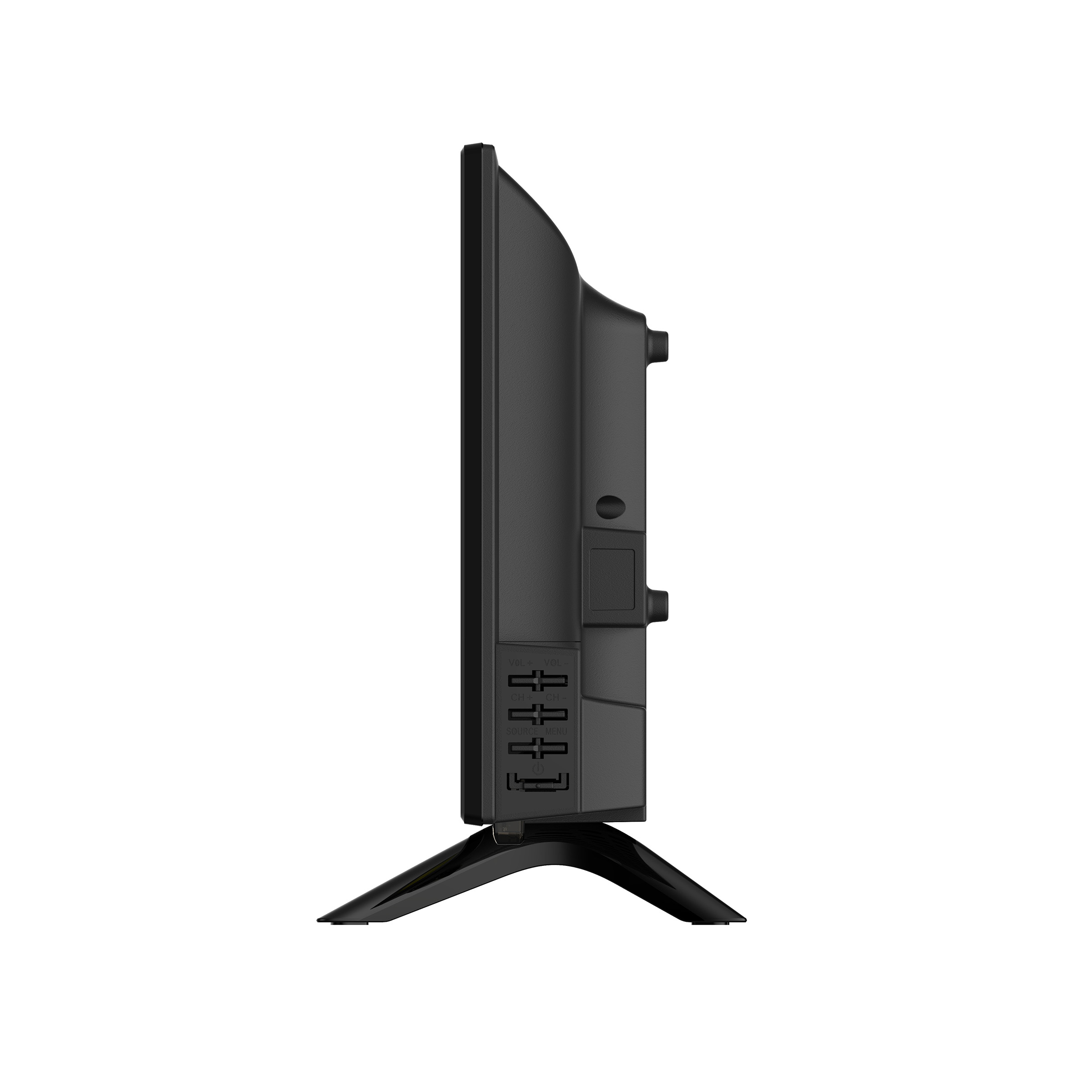 Czarny telewizor z boku, z przyciskami i podstawką.