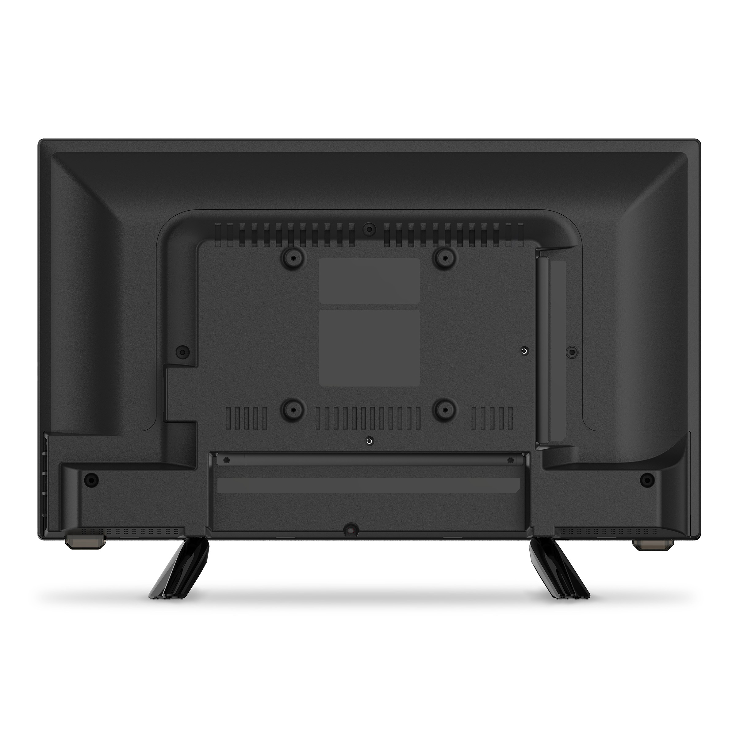 Tył czarnego telewizora ze stopkami i portami.