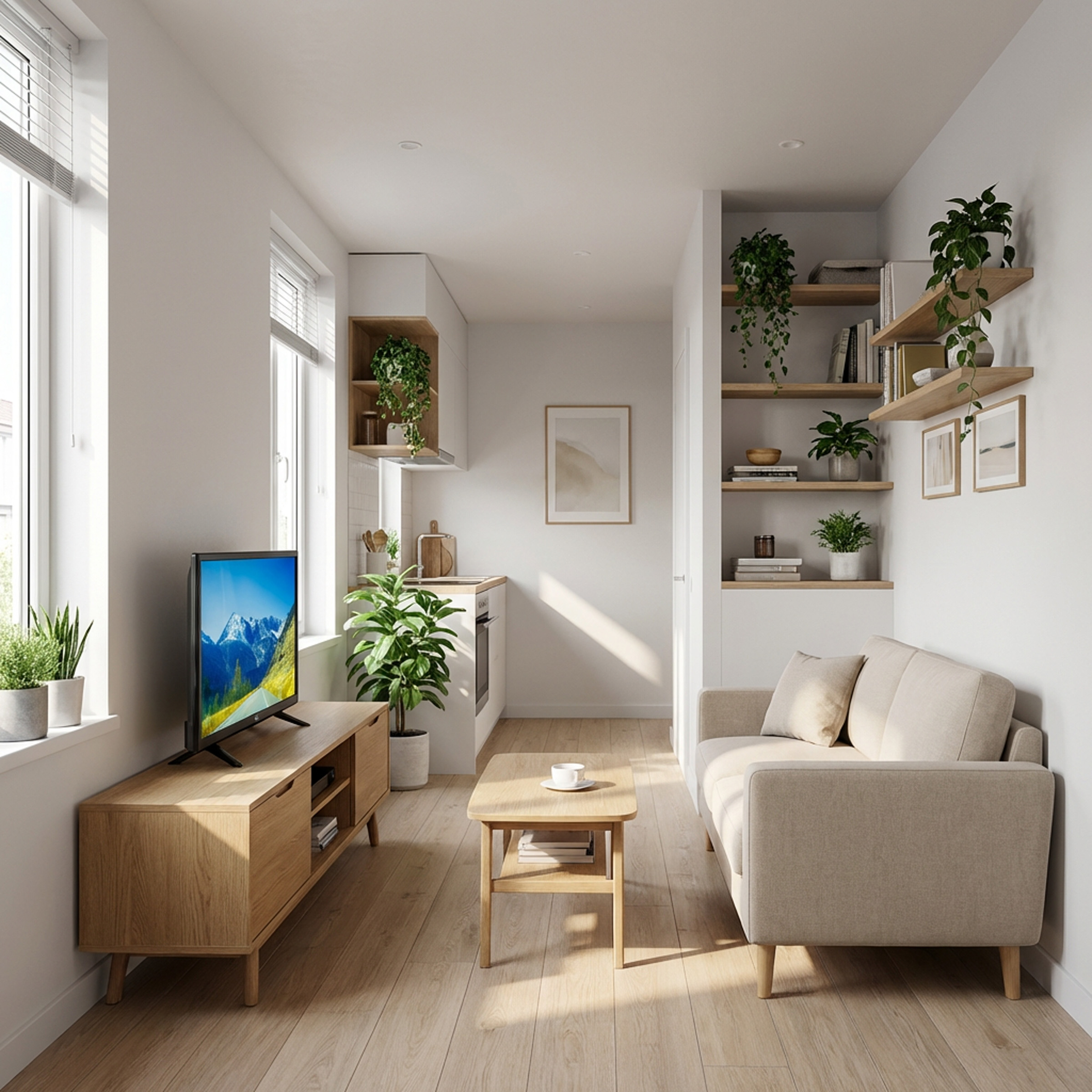 Jasny salon z sofą, stolikiem kawowym, telewizorem i aneksem kuchennym.