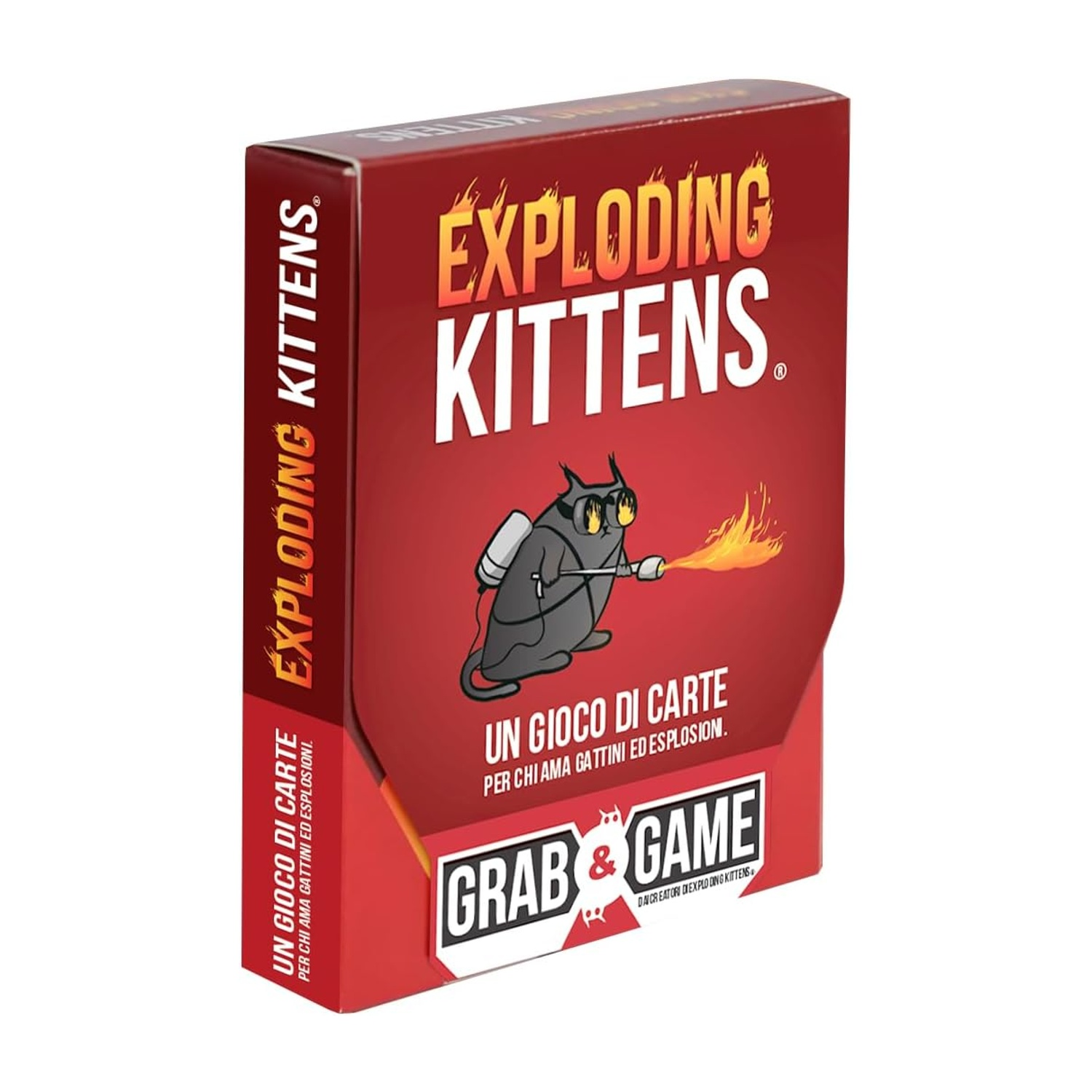 Una scatola da gioco rossa per Exploding Kittens con un gatto lanciafiamme.