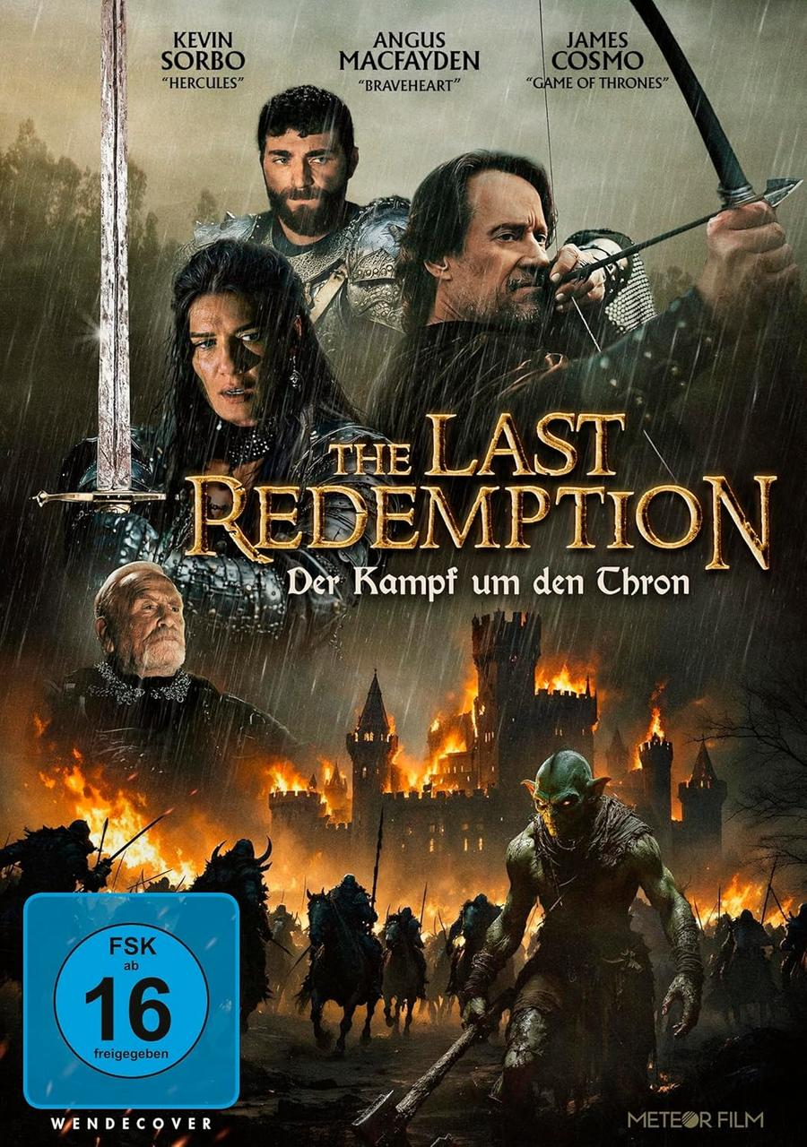 Filmplakat mit Schauspielern, einem Goblin, brennenden Burgen und Regen.