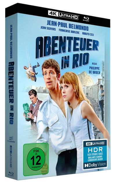 Blu-ray-Cover: Abenteuer in Rio mit Belmondo, Männer mit Statue, Fallschirmspringer.