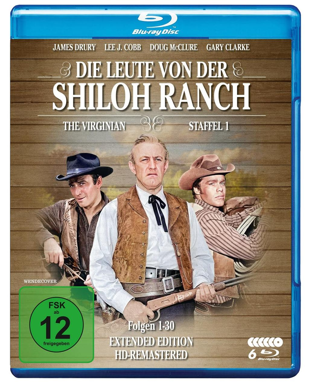 Drei Männer in Westernkleidung, einer hält ein Gewehr. Blu-ray Hülle.