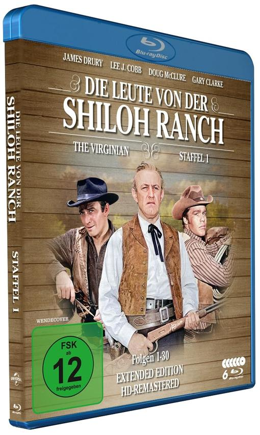 Blu-ray Cover mit drei Männern in Westernkleidung, "Die Leute von der Shiloh Ranch" Titel.