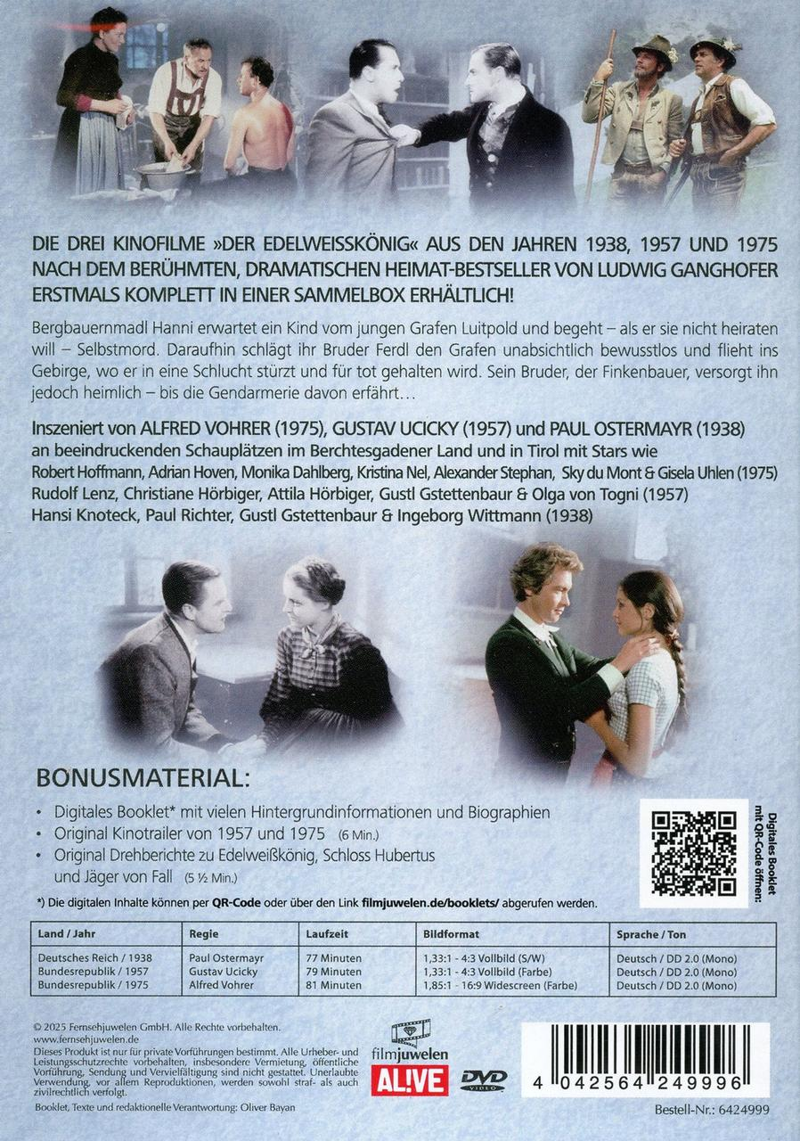 Filmcover mit Szenen und Textinformationen über die "Der Edelweißkönig" Trilogie.