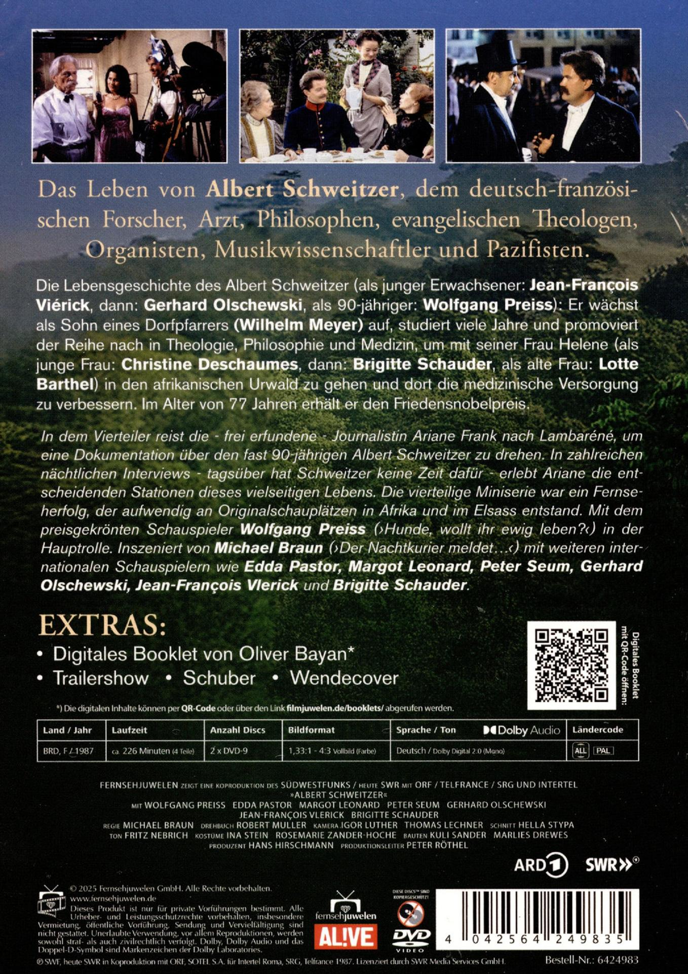 DVD-Cover: "Das Leben von Albert Schweitzer" mit drei Szenenbildern und Titelliste.