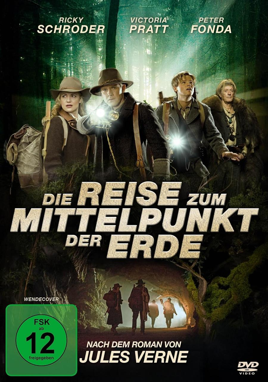 Vier Abenteurer mit Laternen in einem dunklen Wald. Titel: Die Reise zum Mittelpunkt der Erde.