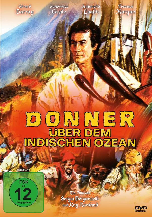 Filmplakat mit Männern in historischen Kostümen, Titel "Donner über dem Indischen Ozean".