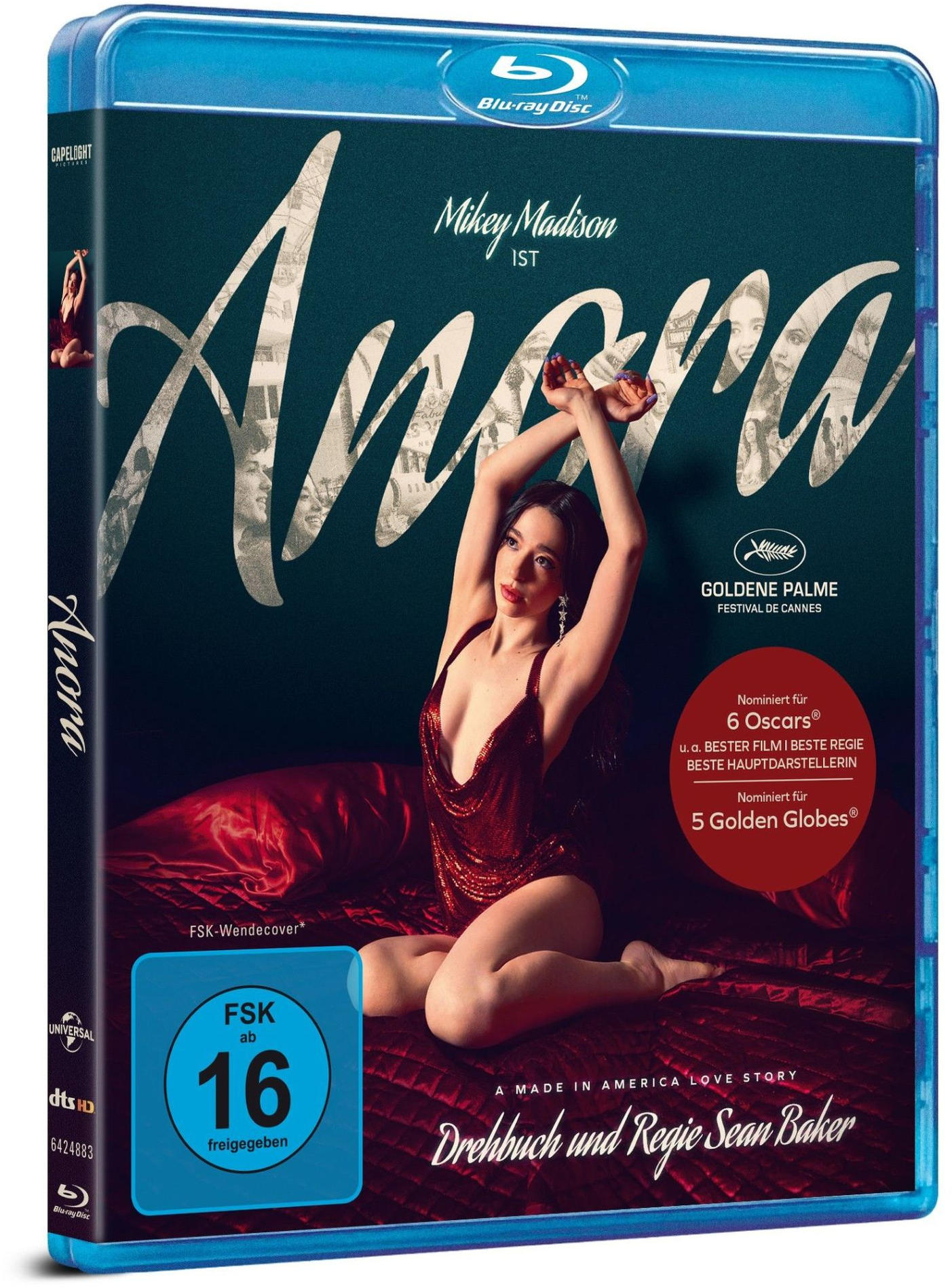 Blu-ray Cover: Frau in rotem Kleid auf rotem Bett, Filmtitel Anora, Auszeichnungen.