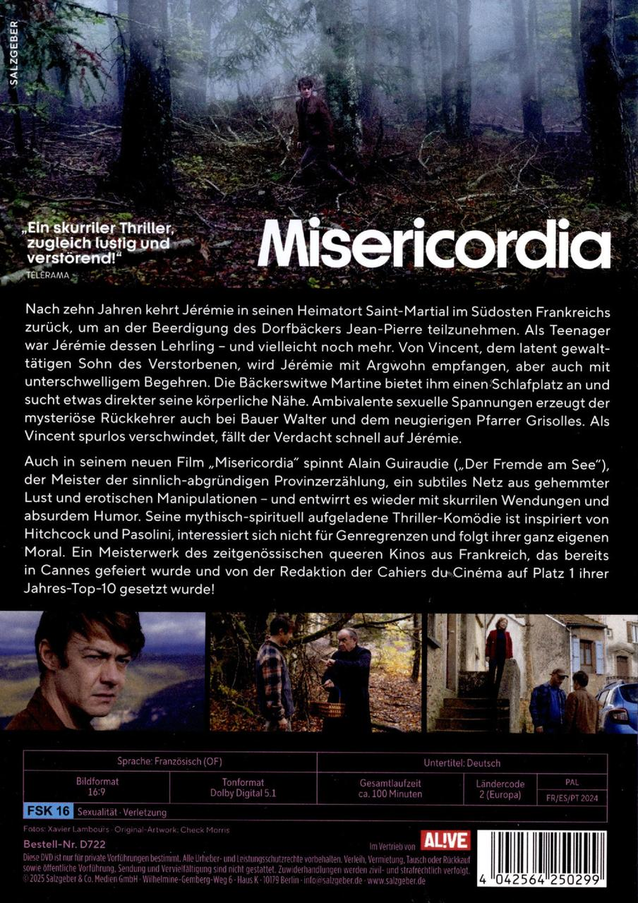 Filmplakat 'Misericordia' mit Text. Ein Mann steht im Wald. Unten sind Szenen.