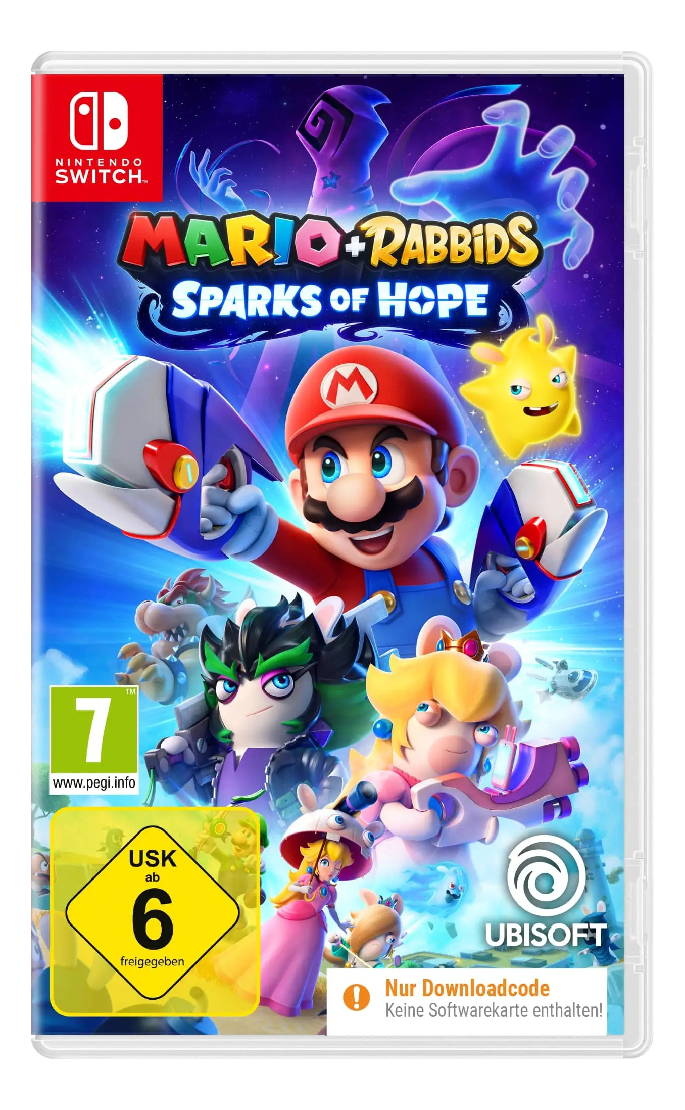 Mario und Rabbids Sparks of Hope Spielhülle mit Charakteren und Nintendo Switch Logo.