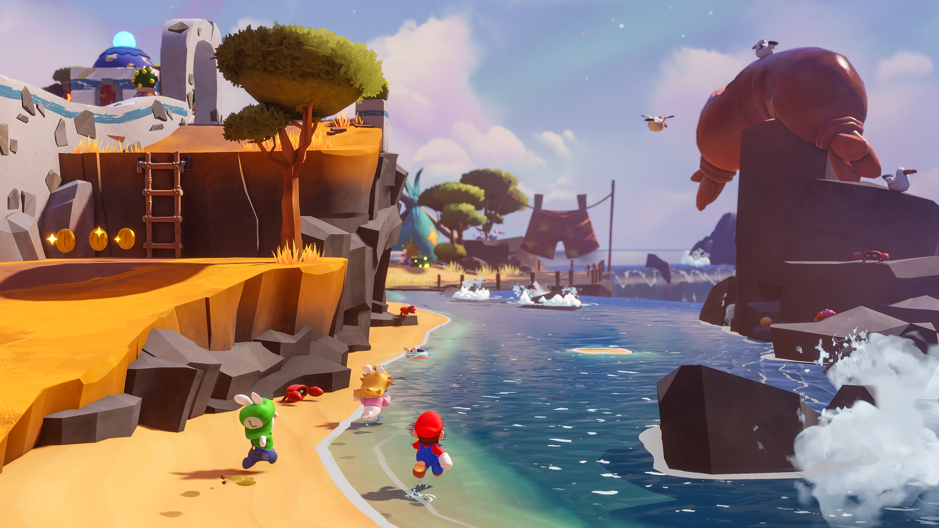 Mario, Peach und ein grüner Rabbid laufen am Strand entlang im Wasser.