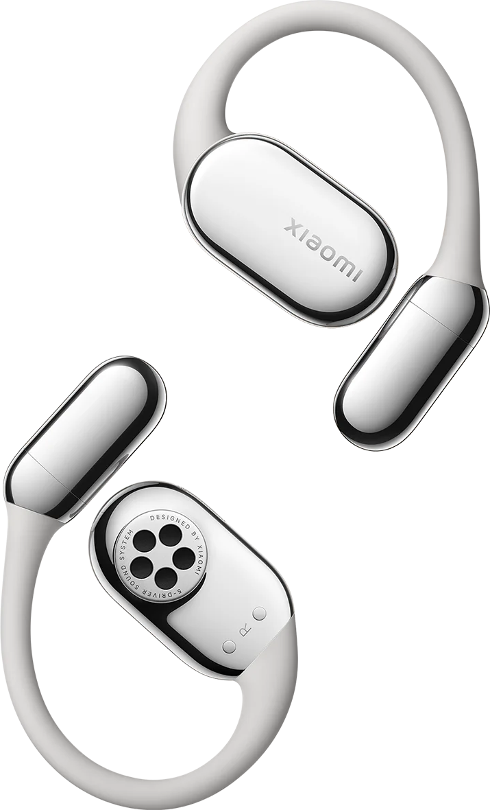 Deux écouteurs blancs Xiaomi avec des accents argentés sur fond noir.