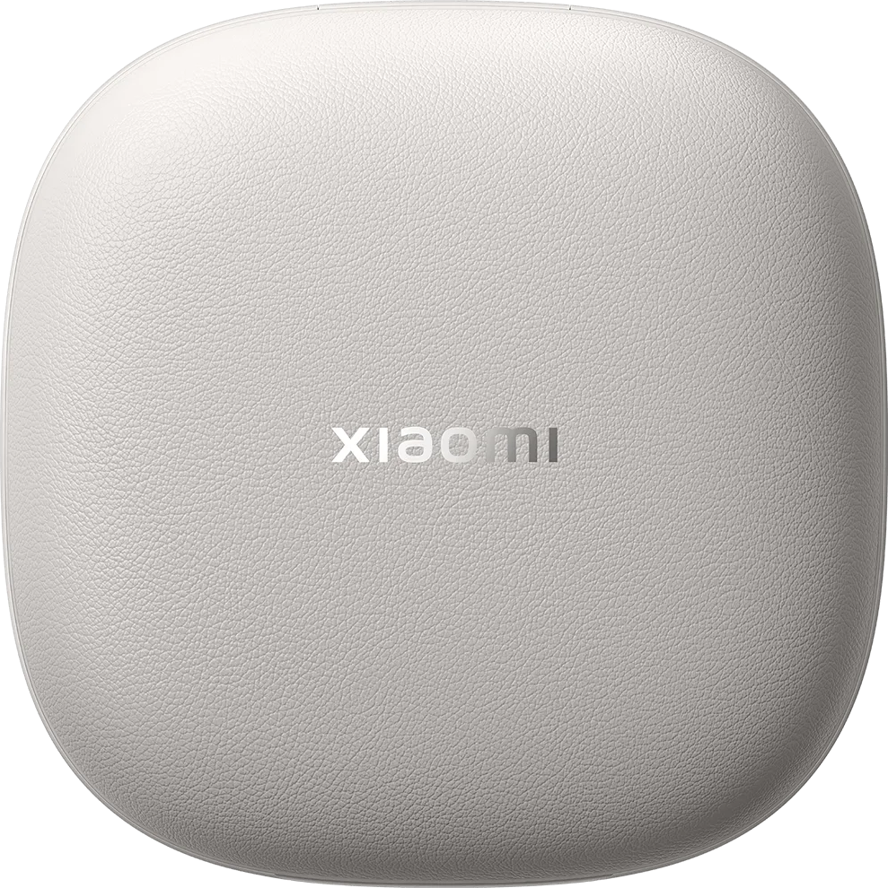 Boîtier blanc texturé avec logo Xiaomi argenté.