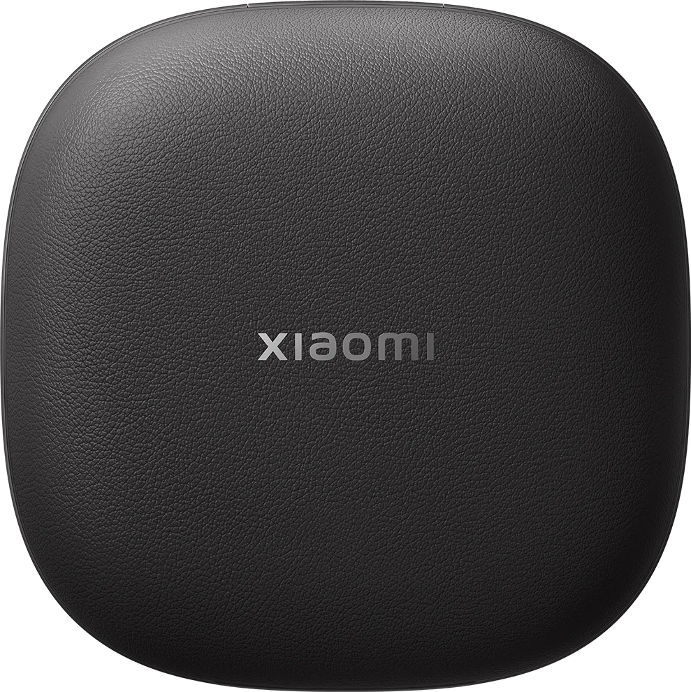 Boîtier de chargement noir texturé avec logo Xiaomi argenté au centre.