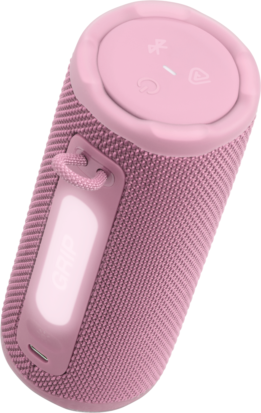 Ein rosafarbener Bluetooth-Lautsprecher mit einem Trageband und Bedienelementen.