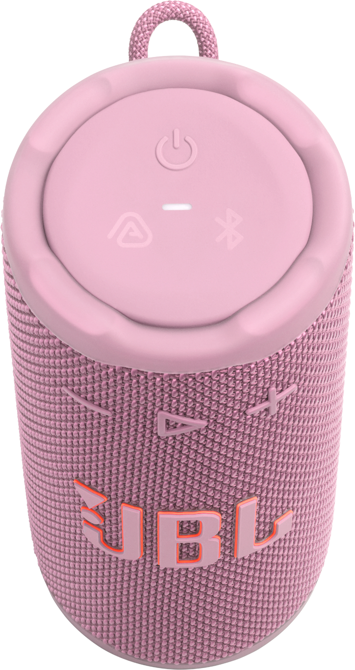 Eine rosafarbene JBL-Lautsprecherbox mit Stoffbezug und Bedienelementen oben.