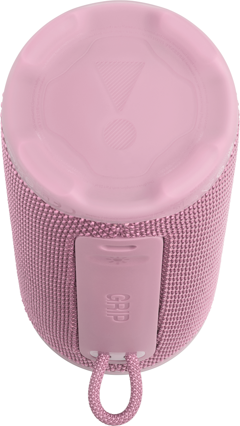 Ein rosa Lautsprecher mit einem Textilgitter und einem Gummigriff.