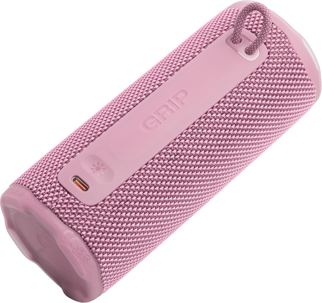 Eine rosafarbene tragbare JBL-Bluetooth-Box mit Stoffgitter und Trageschlaufe.
